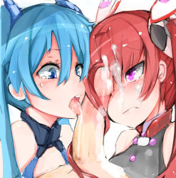 Rule 34 | 2girls, blue eyes, blue hair, blush, cum, cum on hair, facial, fellatio, frown, genderswap, genderswap (mtf), hair ornament, hairjob, highres, licking, long hair, mitsuka souji, multiple girls, muoto, open mouth, oral, ore twintail ni narimasu, penis, penis on face, penis over one eye, purple eyes, red hair, simple background, tailblue, tailred, tears, tongue, tsube aika, twintails, uncensored