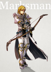 Rule 34 | 1boy, armor, bad id, bad tumblr id, blonde hair, bow (weapon), cape, english text, fingerless gloves, fire emblem, fire emblem: path of radiance, fire emblem: radiant dawn, full body, gloves, gold trim, greaves, holding, holding bow (weapon), holding weapon, leonardo (fire emblem), looking at viewer, male focus, nintendo, pauldrons, shoulder armor, solo, tumblr username, weapon