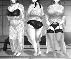Rule 34 | 3girls, ass, black panties, bra, breasts, from behind, garter belt, hyji, indoors, large breasts, long hair, looking back, mature female, monochrome, multiple girls, panties, see-through, thick thighs, thighhighs, underwear, undressing, yukata