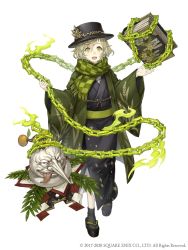 Rule 34 | 1boy, :d, black legwear, book, chain, full body, green eyes, green hair, hat, highres, japanese clothes, ji no, kimono, long nose, looking at viewer, male focus, official art, okobo, open mouth, pinocchio (sinoalice), platform footwear, sandals, scarf, sinoalice, smile, solo, square enix, teeth, tongue, tongue out, upper teeth only, white background, wide sleeves