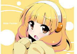 Rule 34 | 10s, 1girl, :o, blonde hair, brown eyes, character name, face, hairband, kise yayoi, looking at viewer, looking back, precure, short hair, smile precure!, solo, tears, violetshit, white hairband