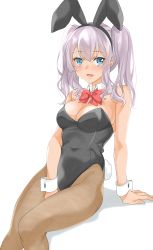Rule 34 | 1girl, absurdres, animal ears, black leotard, blue eyes, bow, bowtie, breasts, brown pantyhose, cleavage, detached collar, fake animal ears, feet out of frame, grey hair, highres, invisible chair, kantai collection, kashima (kancolle), leotard, maonatten, medium breasts, one-hour drawing challenge, pantyhose, playboy bunny, rabbit ears, rabbit tail, red eyes, sidelocks, simple background, sitting, solo, strapless, strapless leotard, tail, twintails, wavy hair, white background, wrist cuffs