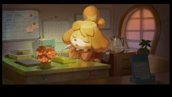 Rule 34 | 1girl, animal crossing, animal ears, bag, black border, blonde hair, book, border, brown sweater, calendar (object), chair, closed eyes, computer, cup, desk, dog ears, dog girl, et.m, female focus, flat chest, flower, furry, furry female, hair tie, hands up, head rest, highres, indoors, intercom, isabelle (animal crossing), kettle, laptop, microphone, mug, nintendo, open mouth, red flower, short hair, sign, sitting, sleeping, solo, sticky note, sunrise, sweater, teeth, topknot, upper body, whiteboard, window