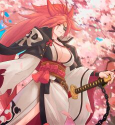 Rule 34 | 1girl, absurdres, amputee, baiken, big hair, black jacket, black kimono, breasts, cherry blossoms, eyepatch, facial tattoo, guilty gear, guilty gear xrd, highres, jacket, jacket on shoulders, japanese clothes, kataginu, katana, kimono, large breasts, long hair, long sleeves, looking at viewer, multicolored clothes, multicolored kimono, one-eyed, open clothes, open kimono, petals, ponytail, red eyes, red hair, samurai, scar, scar across eye, scar on face, smile, sword, tattoo, torn sleeve, truejekart, weapon