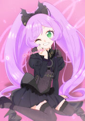 Rule 34 | 1girl, bat wings, belt, black belt, black bow, black dress, black footwear, black thighhighs, bow, commentary request, dress, fake wings, floral print, full body, green eyes, hair bow, hand on own cheek, hand on own face, hand up, highres, hokahoka yudoufu, juliet sleeves, long hair, long sleeves, looking at viewer, manaka laala, nail polish, one eye closed, open mouth, pink background, pretty series, pripara, puffy sleeves, purple hair, sitting, smile, solo, thighhighs, twintails, twitter username, very long hair, wings