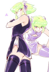 Rule 34 | 2boys, ass, bae (baebae), bow, cleavage cutout, clothing cutout, crossed arms, gloves, green hair, hair bow, highres, lio fotia, male focus, multiple boys, multiple views, promare, purple eyes, side slit, thighhighs, trap
