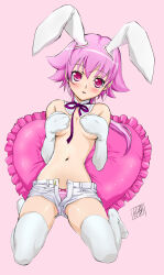 Rule 34 | 1girl, absurdres, animal ears, blush, breasts, covering breasts, covering privates, elbow gloves, fake animal ears, gloves, highres, kabashima yousuke, looking at viewer, medium breasts, navel, open clothes, open fly, open shorts, panties, pink eyes, pink hair, pink panties, rabbit ears, shishidou akiha, short hair, short shorts, shorts, solo, sora wo kakeru shoujo, striped clothes, striped panties, thighhighs, topless, underwear, unzipped, white shorts, white thighhighs