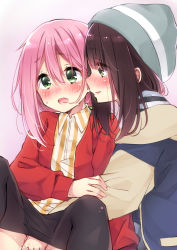 Rule 34 | 2girls, arm grab, beanie, blue jacket, blush, bomber jacket, brown hair, cardigan, close-up, clothes pull, collared shirt, eyes visible through hair, gradient background, green eyes, grey headwear, hat, headwear request, highres, implied fingering, jacket, kagamihara nadeshiko, letterman jacket, moaning, multicolored clothes, multicolored jacket, multiple girls, nose blush, open cardigan, open clothes, open mouth, pantyhose, pantyhose pull, pink background, pink hair, pink lips, pussy juice, red cardigan, shirt, sideways mouth, simple background, sk02, striped clothes, striped shirt, sweat, toki ayano, two-tone jacket, wavy mouth, yellow jacket, yuri, yurucamp