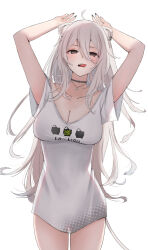 Rule 34 | 1girl, absurdres, ahoge, animal ears, arms up, black choker, black eyes, black nails, breasts, choker, cleavage, commentary, cowboy shot, ear piercing, fangs, grey hair, hair between eyes, highres, hololive, large breasts, lion ears, lion girl, lion tail, long hair, looking at viewer, nail polish, nerorigogo, no pants, official alternate costume, open mouth, piercing, shirt, shishiro botan, shishiro botan (casual), short sleeves, simple background, solo, standing, symbol-only commentary, t-shirt, tail, tongue, tongue out, virtual youtuber, white background, white shirt
