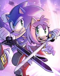 Rule 34 | 1boy, 1girl, absurdres, aideneye99, amy rose, animal ears, blue fur, boots, cloud, dress, furry, furry female, furry male, gloves, green eyes, grin, hairband, highres, holding, holding sword, holding weapon, open mouth, pink fur, red dress, red footwear, red hairband, sega, shoes, sleeveless, sleeveless dress, smile, sonic (series), sonic the hedgehog, sword, sword art online, tail, teeth, two-tone footwear, upper teeth only, weapon, white footwear, white gloves