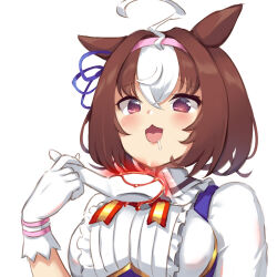 Rule 34 | 1girl, :3, @ @, ahoge, animal ears, bow, breasts, brown hair, center frills, chinese spoon, collared dress, commentary request, dress, drooling, ear ribbon, frills, gloves, glowing, glowing food, hairband, highres, holding, holding spoon, horse ears, horse girl, light blush, medium breasts, meisho doto (umamusume), multicolored hair, open mouth, pink hairband, purple eyes, purple ribbon, ribbon, sawara noa, simple background, solo, spoon, streaked hair, umamusume, upper body, white background, white gloves, white hair