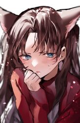 Rule 34 | 1girl, animal ears, blue eyes, blush, brown hair, cat ears, closed mouth, fate/stay night, fate (series), hand to head, highres, long hair, long sleeves, looking at viewer, red shirt, shimatori (sanyyyy), shirt, simple background, sweat, tohsaka rin, twintails, white background