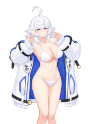 Rule 34 | 1girl, :d, absurdres, ahoge, bare shoulders, bikini, breasts, cleavage, collarbone, double v, feet out of frame, grey hair, grin, highres, jacket, large breasts, last origin, long hair, long sleeves, looking at viewer, navel, off shoulder, open clothes, open jacket, open mouth, parted lips, purple eyes, simple background, smile, solo, standing, stomach, su (yyas2232), swimsuit, ullr (last origin), v, white background, white bikini, white jacket