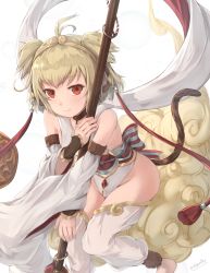 Rule 34 | 1girl, ahoge, andira (granblue fantasy), animal ears, bare shoulders, blonde hair, blush, breasts, circlet, closed mouth, commentary, detached leggings, detached sleeves, earrings, erune, fingernails, flying nimbus, fur-trimmed sleeves, fur trim, granblue fantasy, hagoromo, highres, hikari niji, holding, holding staff, jewelry, leotard, long sleeves, monkey ears, monkey girl, monkey tail, red eyes, shawl, simple background, small breasts, smile, solo, staff, tail, two side up, white background, white legwear, white leotard, white sleeves, wide sleeves