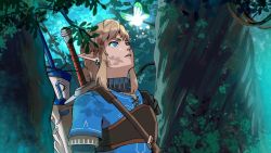 Rule 34 | 1boy, armor, blonde hair, blue eyes, blue tunic, bow (weapon), earrings, fairy, forest, hair between eyes, high collar, jewelry, link, looking at another, male focus, medium hair, nature, navi, nintendo, outdoors, parted lips, pointy ears, quiver, shoulder armor, shoulder belt, sidelocks, softp3ach, solo, sword, the legend of zelda, the legend of zelda: breath of the wild, tree, upper body, weapon, weapon on back