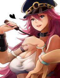Rule 34 | 1boy, 1girl, bad id, bad pixiv id, blue eyes, bracelet, breasts, capcom, choker, cody travers, collar, cuffs, final fight, handcuffs, hat, heart, highres, jewelry, large breasts, long hair, looking at viewer, nemunemu (bluelight5), pink hair, poison (final fight), riding crop, street fighter, street fighter iv (series), tank top