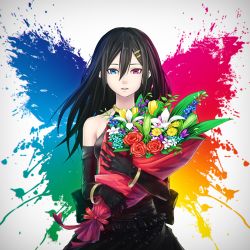 Rule 34 | 1girl, album cover, bare shoulders, black dress, black frills, black gloves, black hair, blue eyes, bouquet, commentary request, cover, dress, elbow gloves, flower, flower request, frills, gloves, hair between eyes, hair ornament, hairpin, heterochromia, highres, holding, holding bouquet, jewelry, long hair, looking at viewer, original, paint splatter, pink eyes, red ribbon, ribbon, rose, solo, sugi 214, upper body