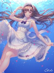 Rule 34 | 1girl, afloat, air bubble, apron, blue dress, bow, bowtie, breasts, brown hair, bubble, closed mouth, commentary request, day, dress, floating hair, hand up, legs, long hair, looking at viewer, maid, maid headdress, medium breasts, original, petals, purple bow, purple bowtie, sakura shiho, short hair, signature, solo, underwater, waist apron, water, white apron