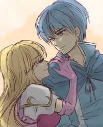 Rule 34 | 1boy, 1girl, armor, blonde hair, blue cape, blue eyes, blue hair, blue jacket, cape, chikefu, closed eyes, dress, elbow gloves, facing another, finn (fire emblem), fire emblem, fire emblem: genealogy of the holy war, from side, gloves, jacket, lachesis (fire emblem), long hair, looking at another, nintendo, pauldrons, pink dress, pink gloves, profile, short hair, shoulder armor, smile, upper body