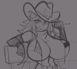 Rule 34 | 1girl, bandana, belly chain, bra, breasts, commentary, cowboy hat, cowgirl (western), elbow gloves, english commentary, facial mark, gloves, grin, hat, hat tip, heart, heart facial mark, huge breasts, jewelry, joeydrawss, lips, long hair, looking at viewer, lulu lasso, monochrome, navel, navel piercing, nexas (vtuber), piercing, sketch, smile, solo, underwear, virtual youtuber