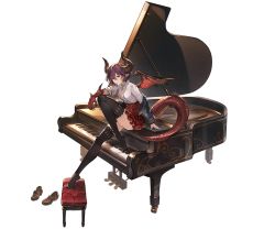 Rule 34 | 1girl, black thighhighs, blazer, breasts, brown hair, chair, dragon horns, dragon tail, dragon wings, full body, granblue fantasy, grea (shingeki no bahamut), horns, instrument, jacket, looking at viewer, minaba hideo, off shoulder, official art, piano, plantar flexion, pointy ears, red eyes, shingeki no bahamut, shirt, shoes, short hair, sitting, skirt, solo, tail, thighhighs, torn clothes, transparent background, wings