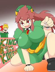 Rule 34 | 2girls, boots, bowser peach, bowsette, breasts, bright pupils, character name, collar, earrings, fangs, gem, highres, jewelry, knees, koopa peach, large breasts, long hair, mario (series), multiple girls, new super mario bros. u deluxe, nintendo, pearl earrings, piranha plant, pointy ears, ponytail, possessed, princess peach, prototype design, red eyes, red hair, senkou (shippai shoukan), shaded face, spiked collar, spikes, super crown, super mario odyssey, warp pipe