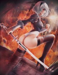 Rule 34 | 1girl, ass, black dress, black hairband, blindfold, boots, dress, feather-trimmed sleeves, feather trim, hairband, high heel boots, high heels, highleg, highleg leotard, juliet sleeves, kgfantasy, leather, leather boots, leotard, long sleeves, nier:automata, nier (series), patreon username, puffy sleeves, pussy, silver hair, sword, thick thighs, thighhighs, thighhighs under boots, thighs, thong leotard, watermark, weapon, web address, white leotard, 2b (nier:automata)