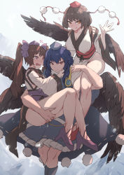 Rule 34 | 3girls, :q, bird wings, blue hair, blush, breasts, bright pupils, brown hair, carrying over shoulder, cleavage, collarbone, commentary request, covered erect nipples, detached sleeves, feet out of frame, floating, hand up, hat, heart, heart-shaped pupils, highres, himekaidou hatate, iizunamaru megumu, kneehighs, kourindou tengu costume, large breasts, long hair, looking at another, looking at viewer, multiple girls, no panties, nose blush, pom pom (clothes), pubic hair, pussy juice, red eyes, senmura, shameimaru aya, short hair, smile, socks, symbol-shaped pupils, tokin hat, tongue, tongue out, touhou, twintails, wings, yuri, ||/