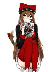 Rule 34 | 1girl, animal ears, ass, bad id, bad pixiv id, bell, black coat, blush, brown hair, cat ears, cat girl, cat tail, character request, closed mouth, coat, commentary, glasses, green eyes, grey scarf, hair between eyes, hands up, hat, head tilt, holding, jingle bell, knees up, long hair, long sleeves, looking at viewer, miniskirt, novel, original, pleated skirt, r3d, red-framed eyewear, red hat, red ribbon, red thighhighs, ribbon, scarf, semi-rimless eyewear, shadow, shoes, sidelocks, simple background, sitting, skirt, smile, snowflake print, solo, tail, tail ornament, tail ribbon, thighhighs, unmoving pattern, very long hair, white background, white footwear, white skirt