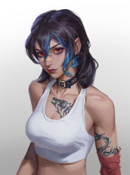 Rule 34 | 1girl, absurdres, arm tattoo, bandaid, bandaid on face, bandaid on nose, bare shoulders, black hair, blue hair, breasts, cleavage, collar, earrings, facial tattoo, hair between eyes, highres, jewelry, liu2e3ing, looking at viewer, medium breasts, medium hair, midriff, multicolored hair, original, pointy ears, red eyes, red lips, simple background, single earring, solo, tank top, tattoo, white tank top