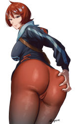 Rule 34 | 1girl, absurdres, arezu (pokemon), ass, ass grab, bag, breasts, cameltoe, celyn404, closed mouth, creatures (company), diamond clan outfit, game freak, grabbing own ass, gradient legwear, highres, hood, hooded sweater, large breasts, long sleeves, looking at viewer, nintendo, pantyhose, pokemon, pokemon legends: arceus, red eyes, red hair, red pantyhose, short hair, shoulder bag, sideboob, simple background, smile, solo, sweater, twitter username, white background
