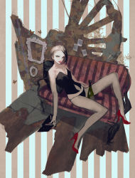 Rule 34 | 1girl, bare legs, bare shoulders, between legs, black panties, book, bottle, copyright request, couch, eyeshadow, high heels, holding, holding book, lipstick, makeup, midriff, panties, reclining, red footwear, red lips, shoes, short hair, solo, tomono rui, underwear