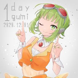 Rule 34 | 1girl, brooch, commentary, dated, detached collar, goggles, goggles on head, green eyes, green hair, green nails, grey background, gumi, headphones, highres, index fingers raised, jacket, jewelry, looking at viewer, nail polish, one eye closed, orange jacket, raputsue, red-tinted eyewear, short hair, smile, tinted eyewear, upper body, vocaloid, wrist cuffs