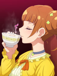 Rule 34 | 1girl, brown hair, censored, cum, cum in container, cum in cup, cum in mouth, cup, dokidoki! precure, dress, drinking, closed eyes, gokkun, highres, jewelry, necklace, precure, short hair, tagme, teacup, tedain, yotsuba alice