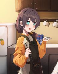 Rule 34 | ahoge, alternate hairstyle, apron, black ribbon, blue eyes, blush, brown apron, cup, cupboard, hair between eyes, highres, holding, holding ladle, holding plate, hololive, kitchen, ladle, long sleeves, looking at viewer, looking to the side, low tied hair, medium hair, milk carton, mug, natsuiro matsuri, nyxview, open mouth, orange sweater, plate, refrigerator, ribbon, smile, solo, sweater, tasting plate, virtual youtuber