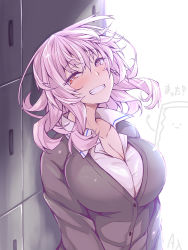 Rule 34 | 1girl, backlighting, blush, breasts, brown jacket, cleavage, collared shirt, commentary request, grin, hair between eyes, head tilt, heart, heart-shaped pupils, heterochromia, jacket, large breasts, locker, long hair, long sleeves, looking at viewer, messy hair, mirei-san (suterii), orange eyes, original, pink hair, popped collar, shirt, smile, solo, suterii, symbol-shaped pupils, teeth, upper body, white shirt, wing collar