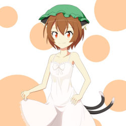 Rule 34 | 1girl, :3, animal ears, brown hair, cat ears, cat tail, cato (monocatienus), chen, collarbone, dress, earrings, green hat, hand on own hip, hat, jewelry, mob cap, multiple tails, nekomata, nightgown, orange eyes, petite, polka dot, polka dot background, single earring, skirt hold, solo, tail, team shanghai alice, touhou, tsurime, two tails