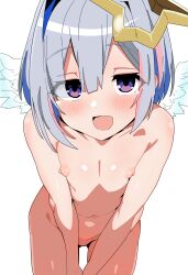Rule 34 | 1girl, absurdres, amane kanata, angel, angel wings, bare shoulders, bent over, between legs, blue hair, blush, breasts, colored inner hair, completely nude, feathered wings, grey hair, halo, hand between legs, highres, hololive, iwano kenta, looking at viewer, multicolored hair, multicolored wings, navel, nipples, nude, purple eyes, simple background, single hair intake, small breasts, smile, solo, star halo, streaked hair, virtual youtuber, white background, wings
