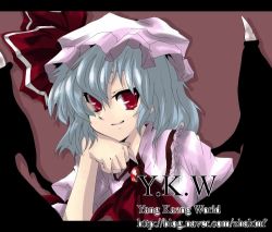 Rule 34 | 1girl, ascot, bat wings, brown background, eyebrows hidden by hair, female focus, hat, head rest, letterboxed, lowres, mob cap, red ascot, remilia scarlet, simple background, solo, touhou, watermark, web address, wings