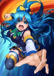Rule 34 | 1girl, absurdres, angry, aqua (konosuba), bare shoulders, blue eyes, blue hair, blue shirt, blue thighhighs, boots, bow, breasts, clenched hand, commentary request, detached sleeves, gem, green bow, hair ornament, hair rings, highres, huge filesize, incoming attack, incoming punch, izawa (bhive003), kono subarashii sekai ni shukufuku wo!, large breasts, long hair, looking at viewer, medium breasts, open mouth, outstretched arm, punching, shirt, skindentation, skirt, sleeveless, solo, thigh boots, thighhighs, thighhighs under boots, v-shaped eyebrows, white thighhighs