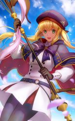 Rule 34 | 1girl, absurdres, artoria caster (fate), artoria caster (second ascension) (fate), artoria pendragon (fate), belt, beret, black gloves, black pantyhose, blonde hair, blue cape, blue hat, blue sky, blush, breasts, buttons, cape, double-breasted, dress, fate/grand order, fate (series), gloves, green eyes, hat, highres, holding, holding staff, hood, hooded cape, kankitsurui (house of citrus), long hair, long sleeves, looking at viewer, multicolored cape, multicolored clothes, pantyhose, petals, red cape, sky, small breasts, solo, staff, thighs, twintails, white dress