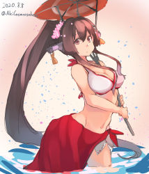 Rule 34 | 1girl, bad id, bad twitter id, bikini, breasts, brown eyes, brown hair, cleavage, collarbone, dated, flower, hair between eyes, hair flower, hair ornament, highres, holding, holding umbrella, kantai collection, large breasts, long hair, oil-paper umbrella, partially submerged, pink flower, ponytail, red sarong, red umbrella, sarong, solo, sunday aki, swimsuit, twitter username, umbrella, very long hair, wading, white bikini, yamato (kancolle)