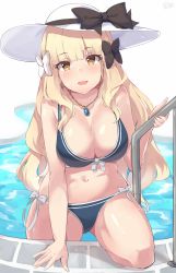 Rule 34 | 1girl, :d, absurdres, bikini, blonde hair, blue bikini, blunt bangs, bow, bow bikini, breasts, cleavage, commentary request, gem, hair ribbon, hat, hat ribbon, highres, jewelry, large breasts, mushpz, navel, necklace, open mouth, pool, princess connect!, railing, ribbon, saren (princess connect!), saren (real) (princess connect!), side-tie bikini bottom, signature, simple background, smile, solo, swimsuit, white background, yellow eyes