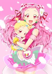 Rule 34 | 10s, 2girls, :d, :o, baby, blonde hair, cone hair bun, cowboy shot, cure yell, double bun, earrings, flower, hair bun, hair flower, hair ornament, hair ribbon, heart, heart hair ornament, hug-tan (precure), hugtto! precure, jewelry, layered skirt, long hair, looking at viewer, magical girl, midriff, multiple girls, navel, nono hana, open mouth, petals, pink background, pink hair, pink shirt, pink skirt, precure, red eyes, red ribbon, ribbon, shirt, short hair, short twintails, simple background, skirt, sleeveless, sleeveless shirt, smile, twintails, wrist cuffs, yuto (dialique)