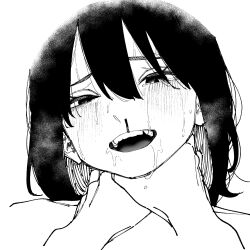 1girl 1other asphyxiation crying crying_with_eyes_open greyscale hands_on_another&#039;s_neck highres looking_at_viewer monochrome open_mouth original pov saliva short_hair sketch smile strangling sweat tears teeth untsuku