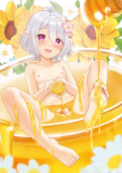 Rule 34 | absurdres, ass, barefoot, blush, bowl, cupping hands, dripping, elf, flat chest, flower, food on body, food on legs, food on toes, fukuro daizi, hair flower, hair ornament, highres, honey, honey dipper, kokkoro (princess connect!), lipgloss, looking at viewer, magenta eyes, navel, nipples, nude, open mouth, own hands together, partially submerged, penis, pink toenails, pointy ears, pouring, princess connect!, short hair, silver hair, soles, toenails, toes
