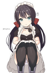 Rule 34 | 1girl, :o, ?, azur lane, black dress, black hair, black thighhighs, boots, bow, breasts, dress, feet out of frame, frilled dress, frills, glasgow (azur lane), grey footwear, hair between eyes, hair bow, highres, knees up, long hair, looking at viewer, low twintails, maid, maid headdress, medium breasts, ochinsama, panties, parted lips, puffy short sleeves, puffy sleeves, red bow, short sleeves, simple background, solo, spoken question mark, squatting, thighhighs, thighhighs under boots, twintails, twitter username, underwear, very long hair, white background, white panties