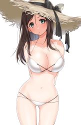 Rule 34 | 1girl, :o, arms behind back, bare shoulders, bikini, black ribbon, blush, breasts, brown hair, cleavage, collarbone, commentary request, cowboy shot, girls und panzer, gluteal fold, grey eyes, groin, hair between eyes, halterneck, hat, hat ribbon, head tilt, highres, large breasts, long hair, looking at viewer, megumi (girls und panzer), multi-strapped bikini, navel, parted bangs, parted lips, ribbon, shade, sidelocks, simple background, solo, standing, stomach, straw hat, string bikini, sun hat, swimsuit, tarou (komekueyo), white background, white bikini