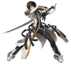 Rule 34 | 1boy, black hair, black pants, black shirt, blade master (elsword), claws, closed mouth, coat, elsword, expressionless, fighting stance, full body, fur trim, highres, holding, holding sword, holding weapon, looking to the side, male focus, official art, orange eyes, pants, raven cronwell, ress, shirt, shoes, solo, sword, transparent background, weapon, white coat