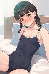 Rule 34 | 1girl, bare shoulders, black hair, blush, braid, commentary request, covered navel, flat chest, looking at viewer, on bed, one-piece swimsuit, original, pillow, quad braids, short hair, sitting, solo, swimsuit, yellow eyes, yizumi
